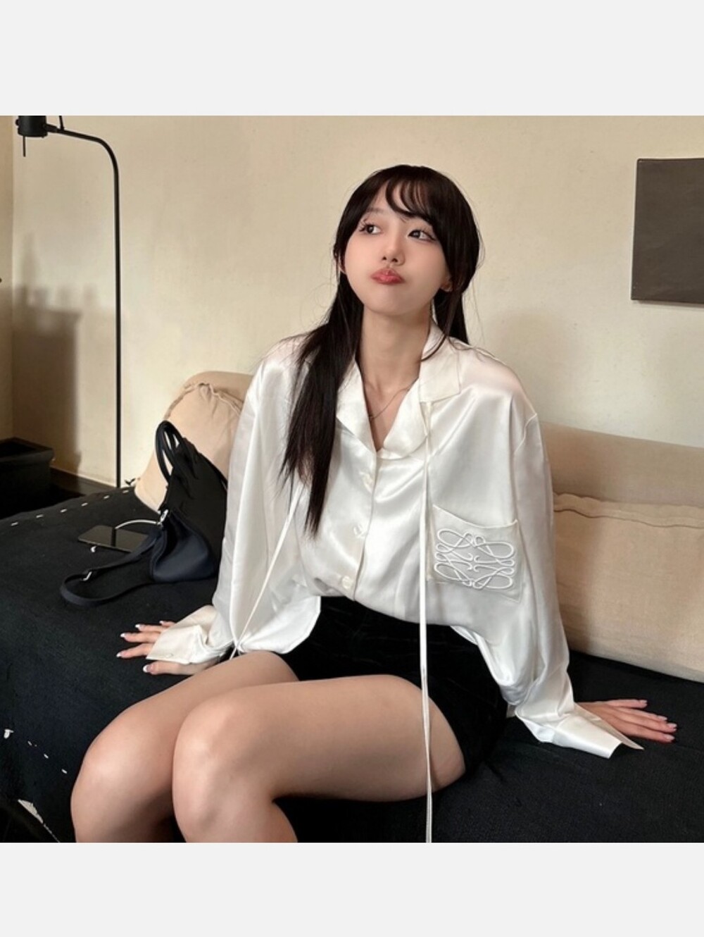 Silky White Button-Up Blouse with Pocket Detail